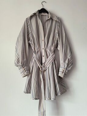 NWOT Zimmermann Striped Belted Shirt Dress in Light Gray/Cream, Size AU 0/1/2/3